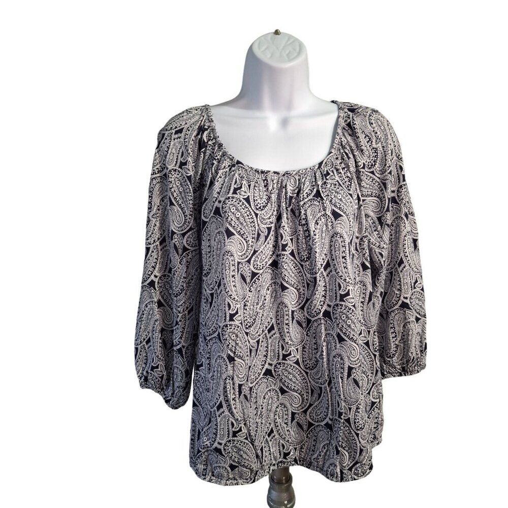 Michael Kors Peasant Blouse M Black White Paisley Print Lagenlook Boho
